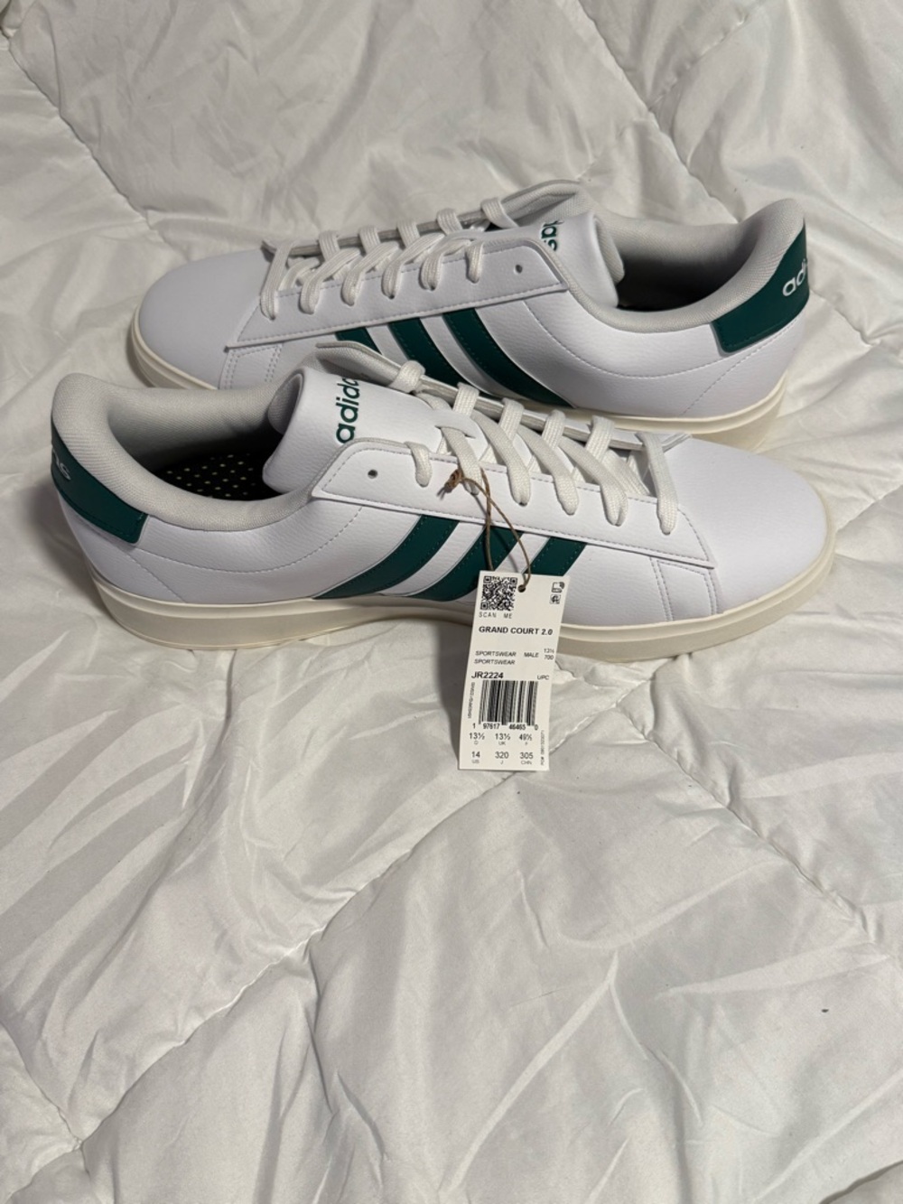 adidas White Grand Court 2.0 Sneakers with Green Stripes - Men's size 14